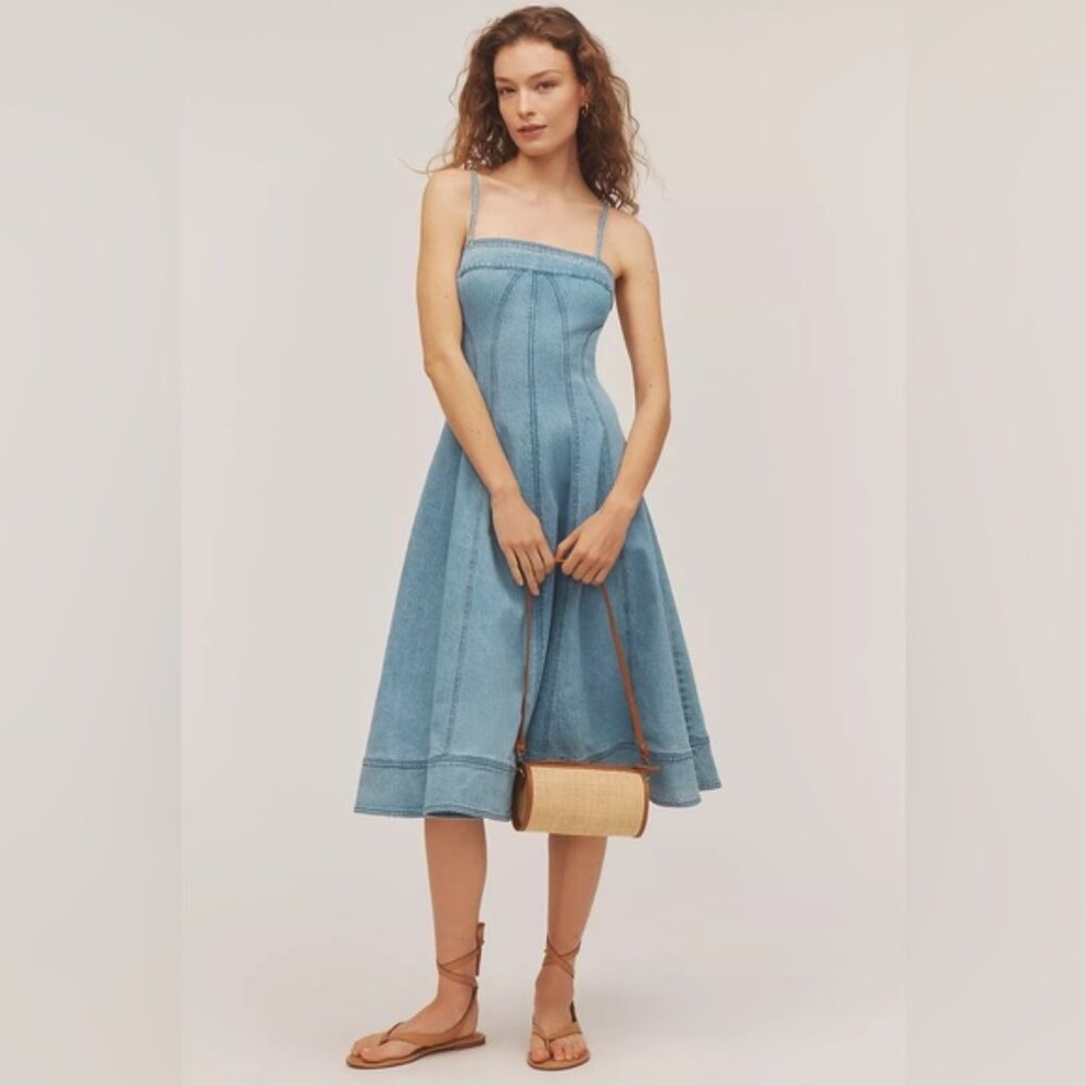 NWT Anthropologie Pilcro Square-Neck Seamed Chambray Midi Dress XS - Picture 1 of 11
